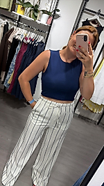 Beli Bağlamalı Çizgili Geniş Paça Keten Pantolon