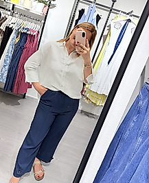 Lacivert Beli Lastikli Midi Boy Paça Detaylı Pantolon