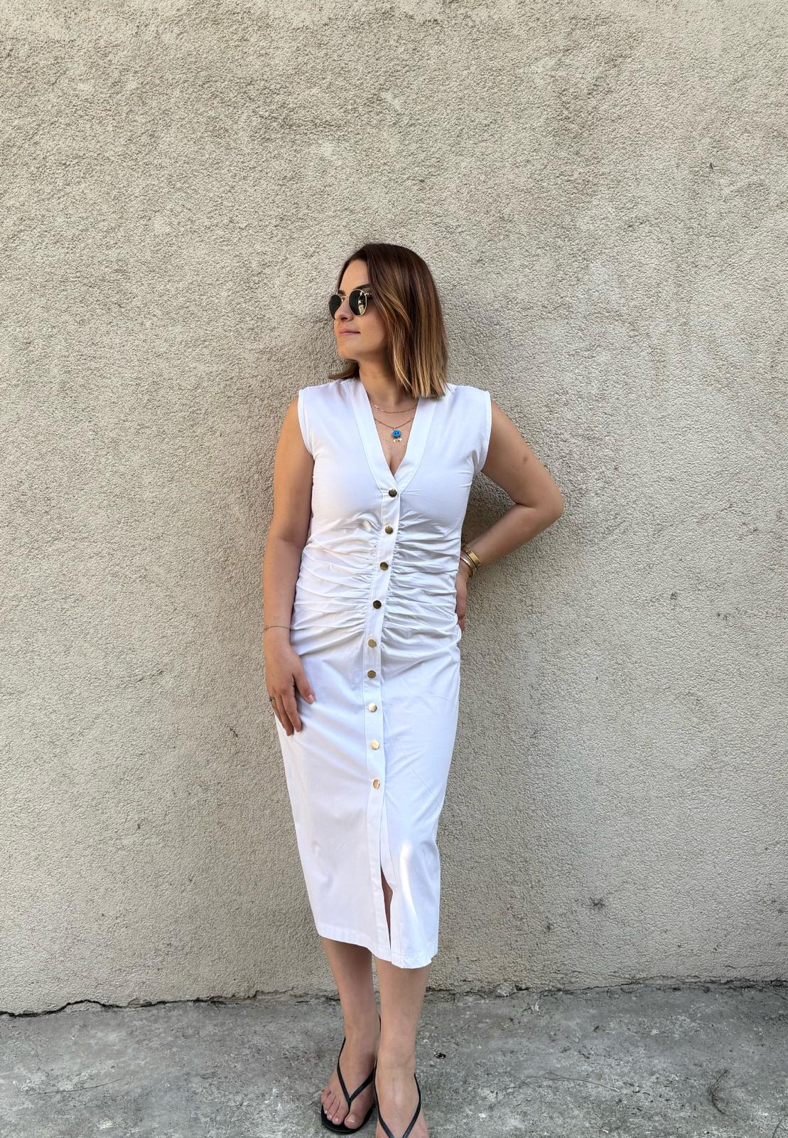 Düğmeli Büzgü Detaylı Midi Elbise