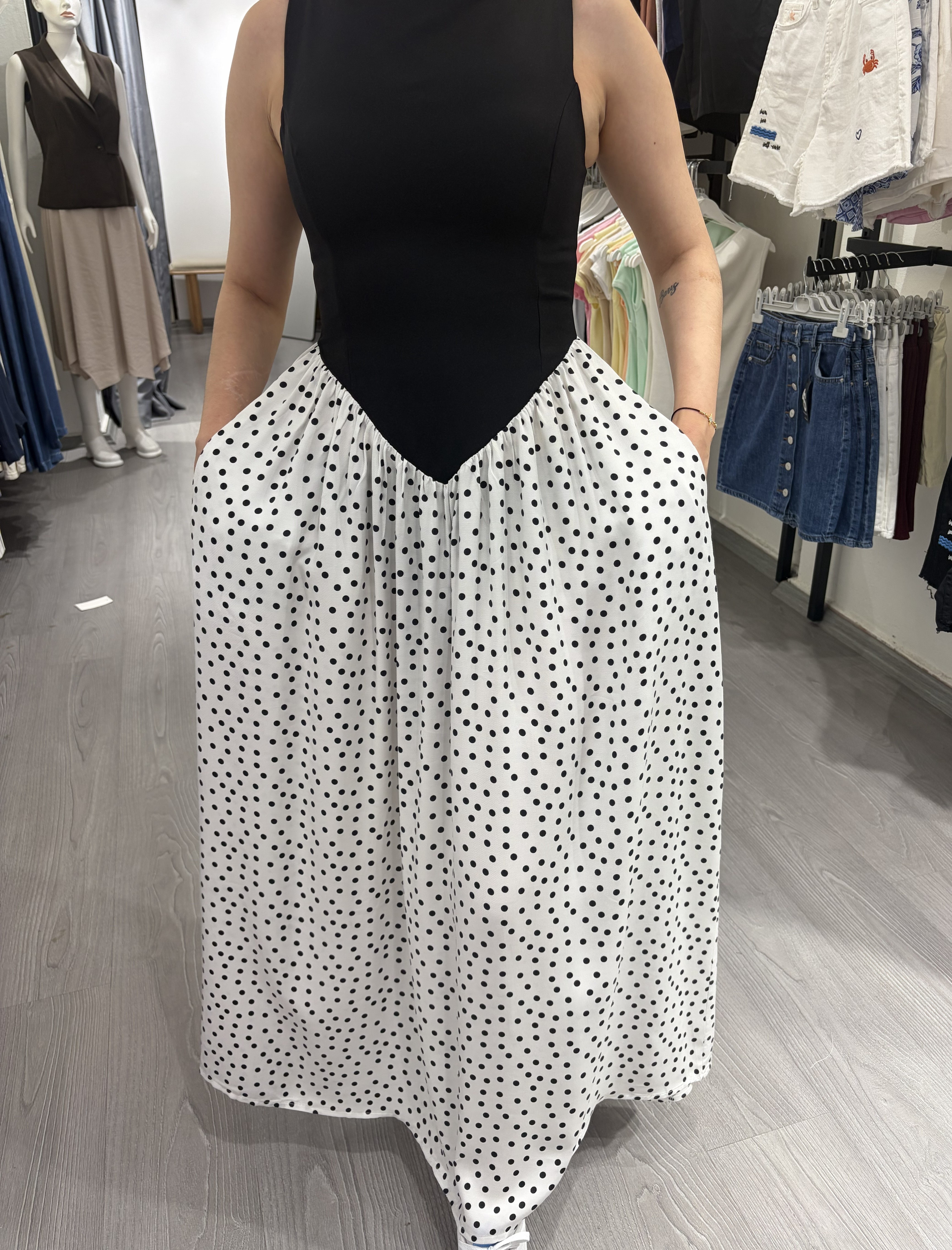 Çift Renkli Puantiyeli Korse Detaylı Maxi Elbise