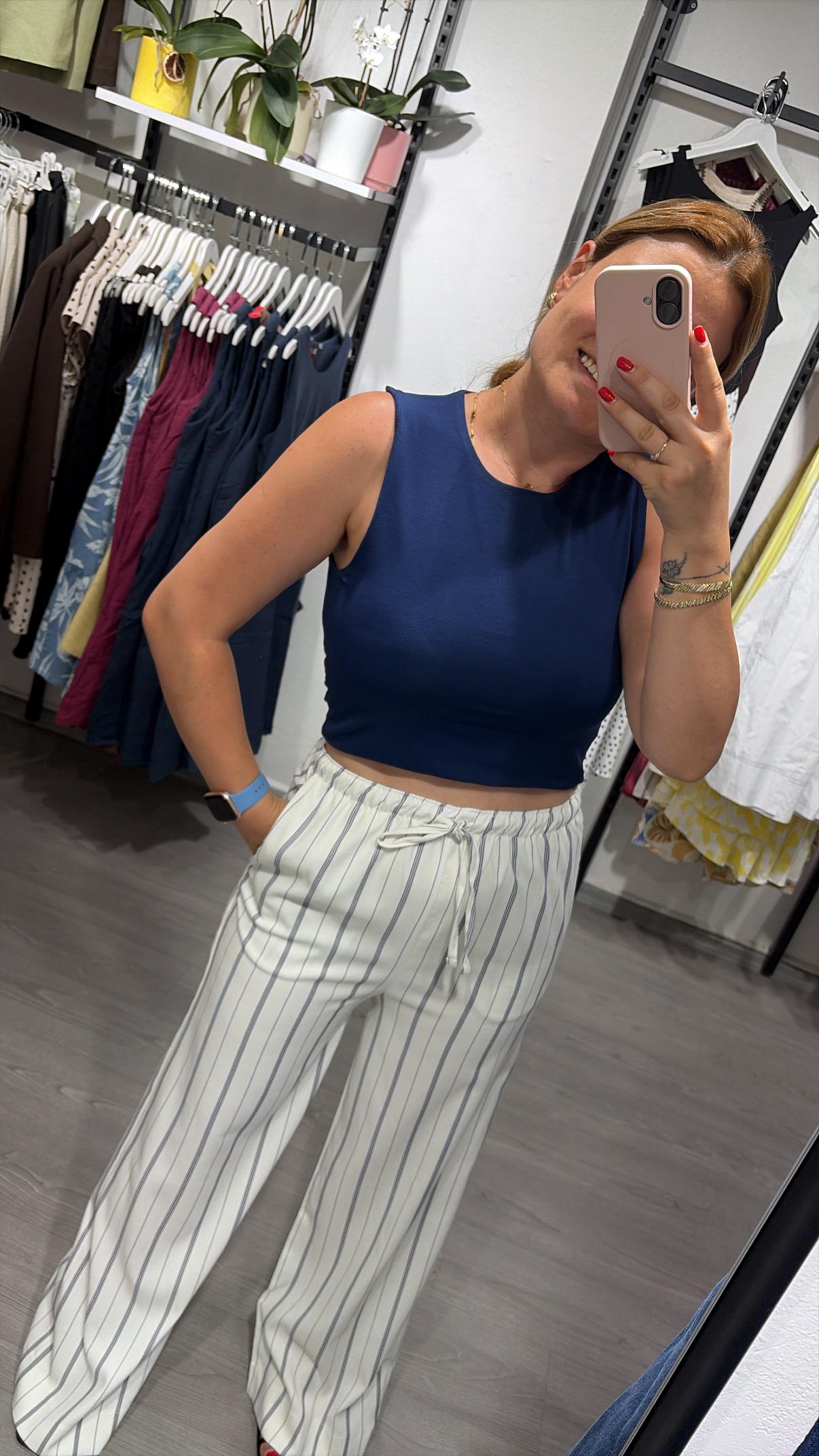 Beli Bağlamalı Çizgili Geniş Paça Keten Pantolon